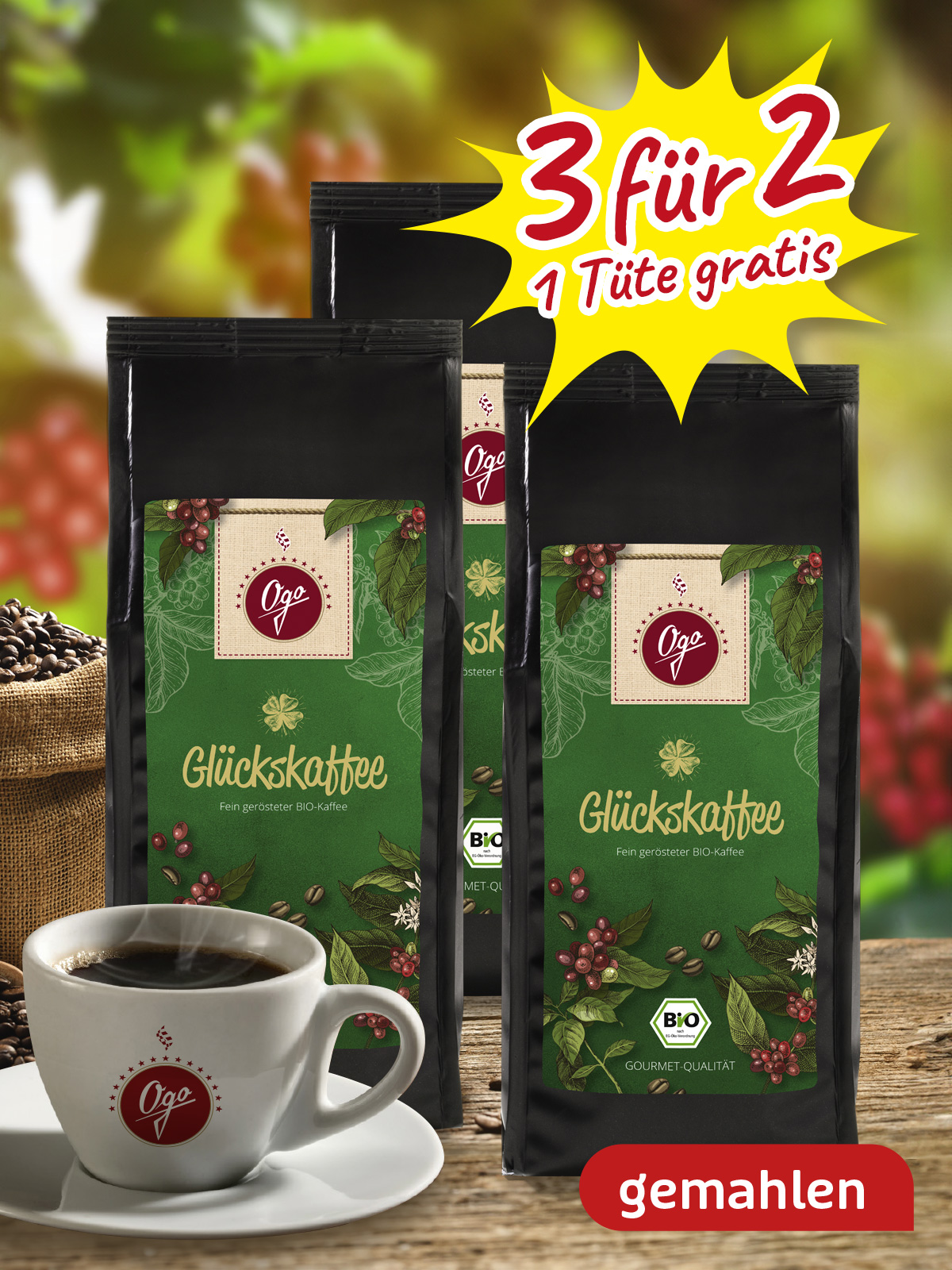 „3 für 2“ BIO Ogo Glückskaffee, gemahlen