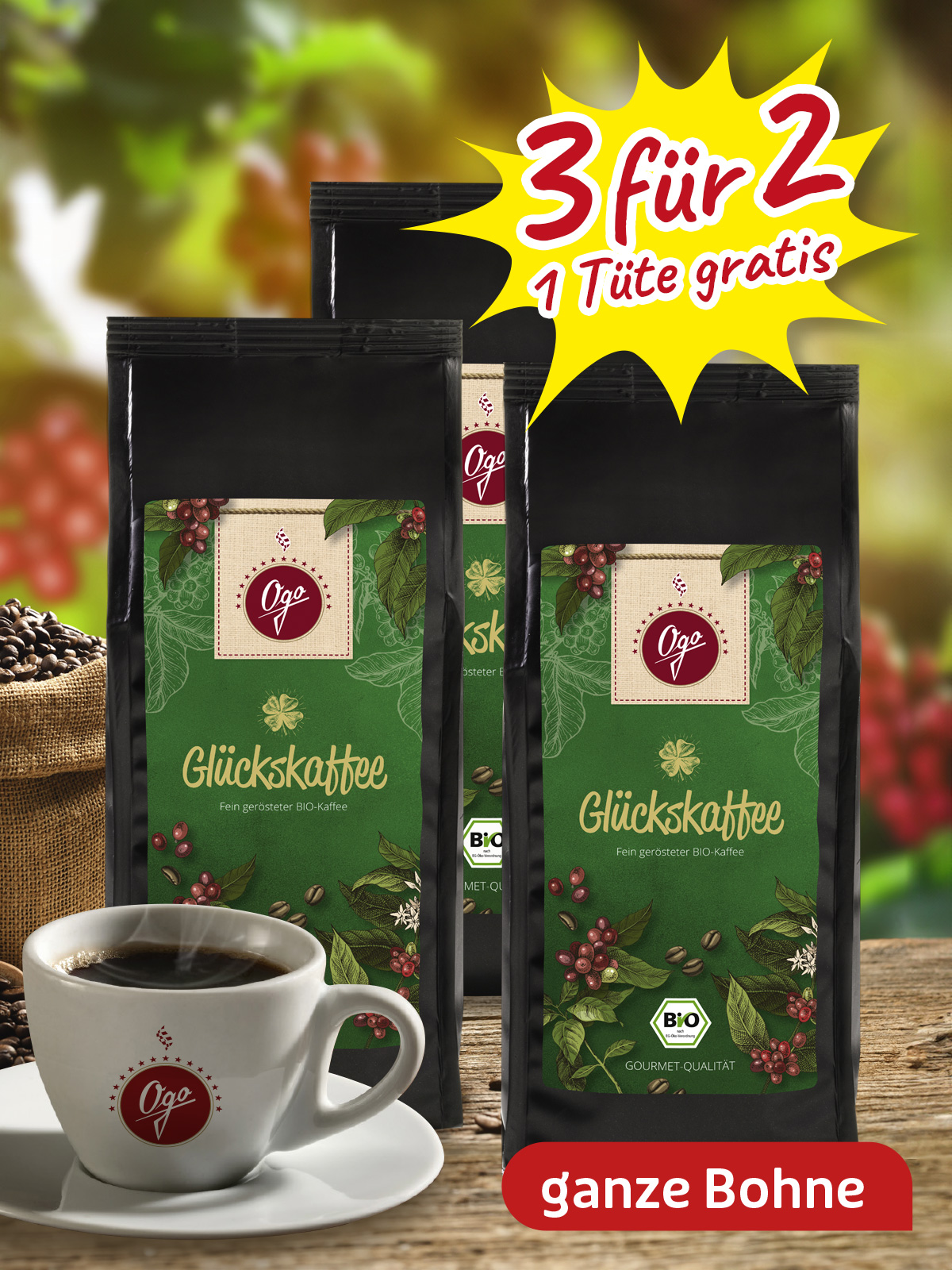 „3 für 2“ BIO Ogo Glückskaffee, Bohne