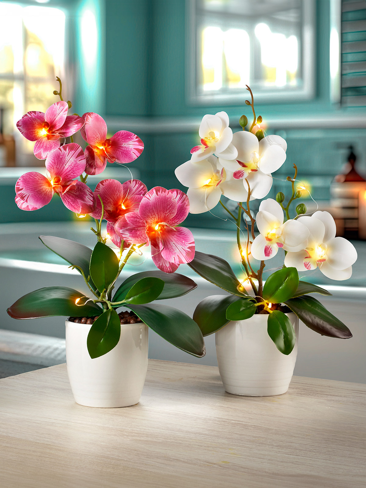 Orchidee mit LED-Lichterkette, Weiß